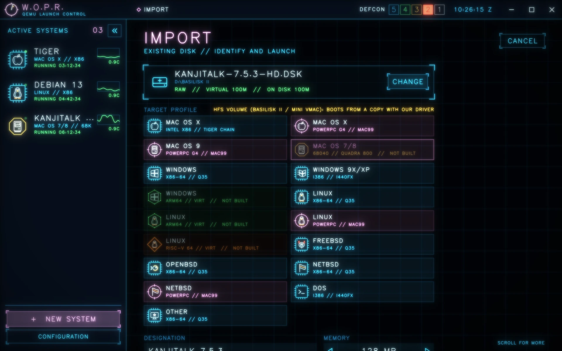 Importing a Basilisk II disk: W.O.P.R. recognises the HFS volume and picks the Mac OS 7/8 profile