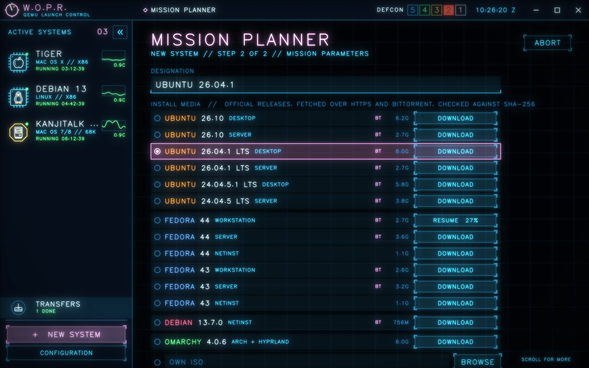 The Mission Planner listing current Ubuntu, Fedora, Debian and Omarchy releases