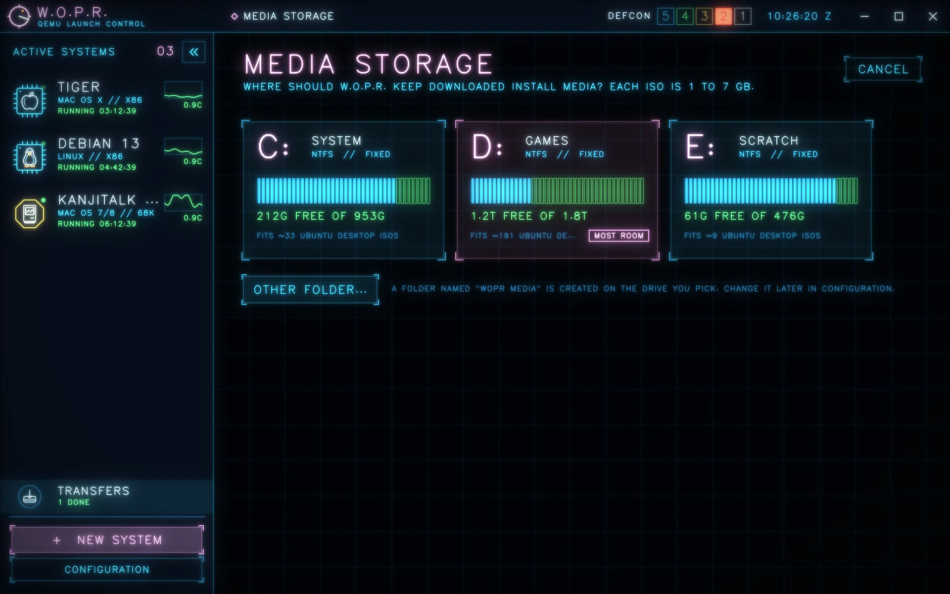 The first-download storage chooser with three drives