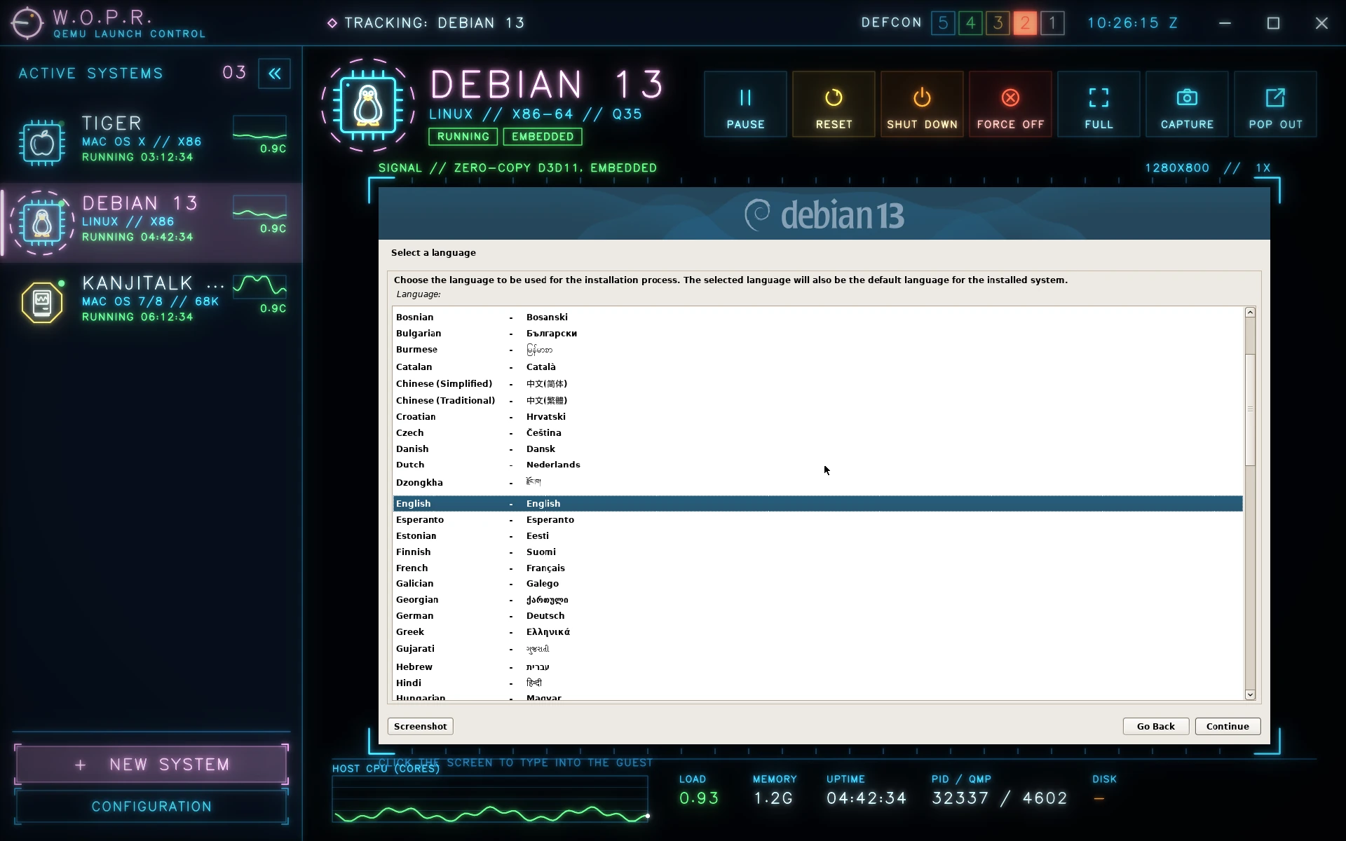 A Debian 13 installer docked inside W.O.P.R., with pause, reset, shut down, force off, full screen, capture and pop out
