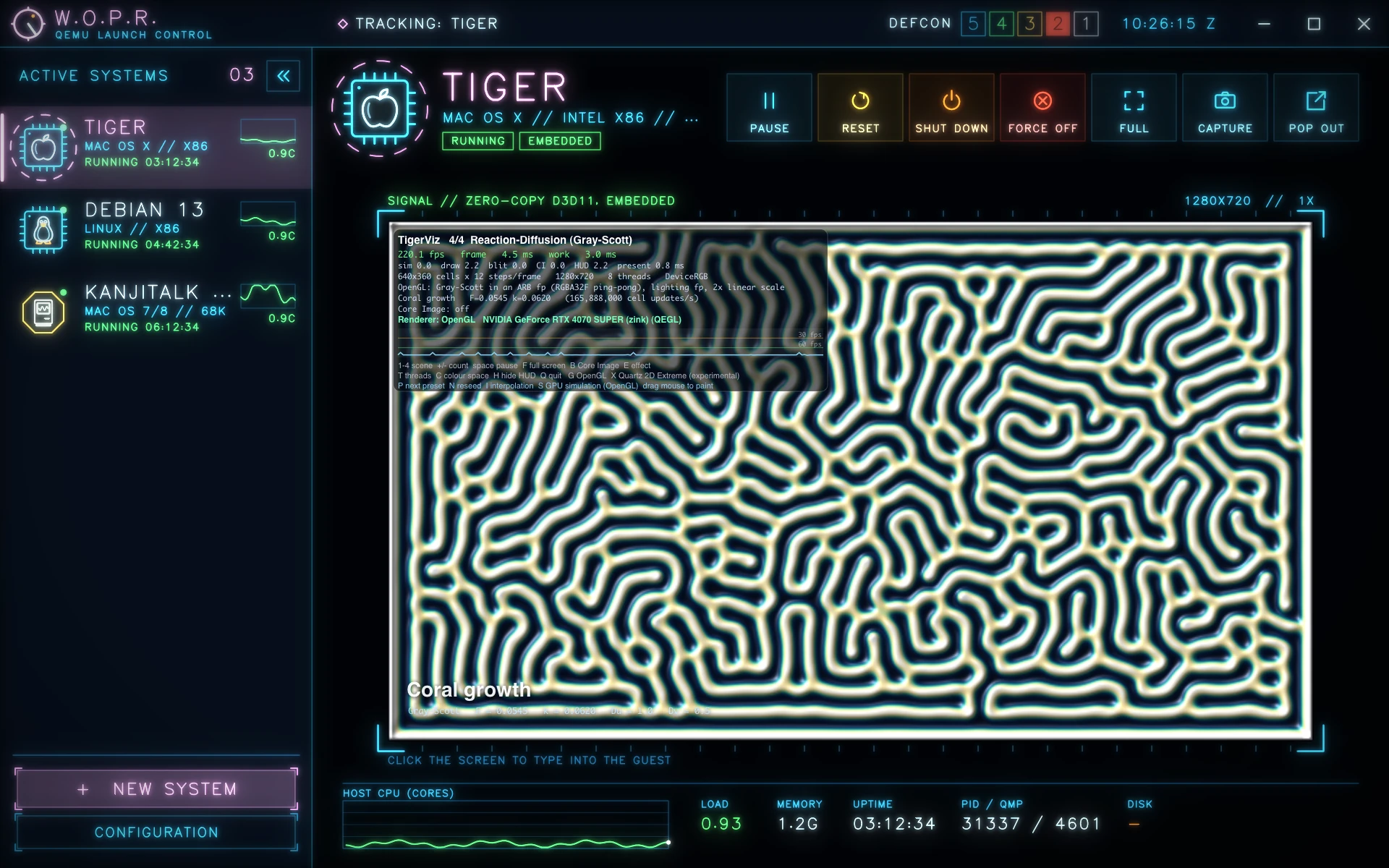 Mac OS X 10.4 Tiger docked in W.O.P.R., running TigerViz at 220 fps with OpenGL on an NVIDIA GeForce RTX 4070 SUPER through Zink and qegl