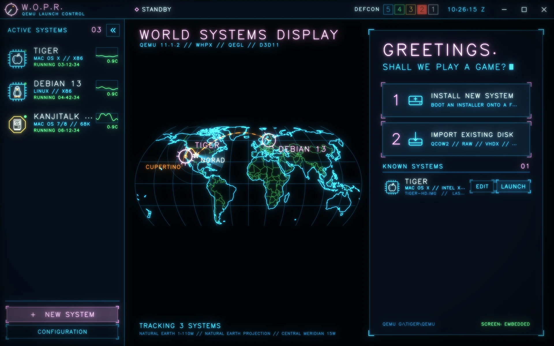 The W.O.P.R. welcome screen: a vector world map with tracks to two running systems, and the list of known systems